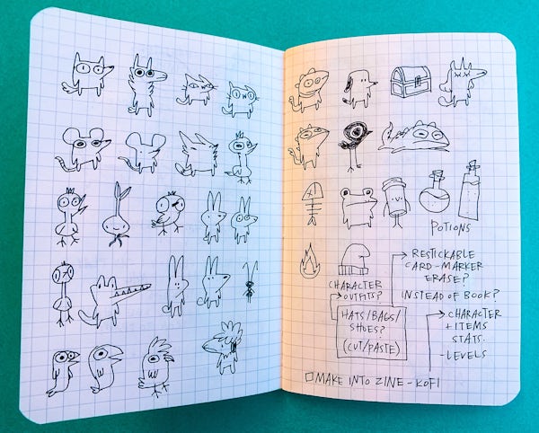 Character illustrations in a Field Notes memo book